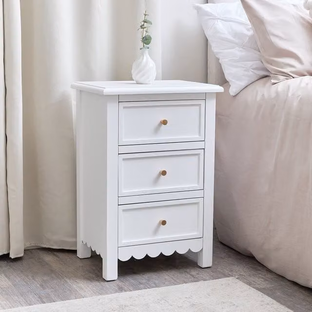 Melody Maison Staunton White 3 Drawer Scalloped Bedside Table with Gold Accents