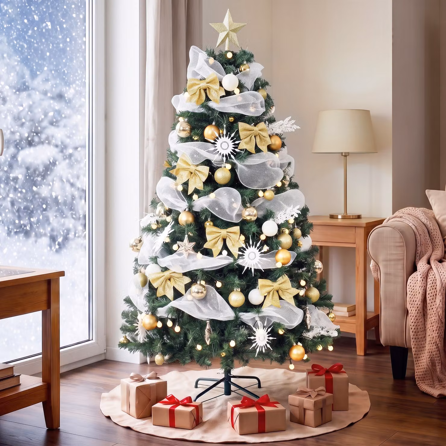 HOMCOM 5ft Pre-Lit Green Artificial Christmas Tree with 150 Warm White LED Lights and 8 Lighting Modes – 2