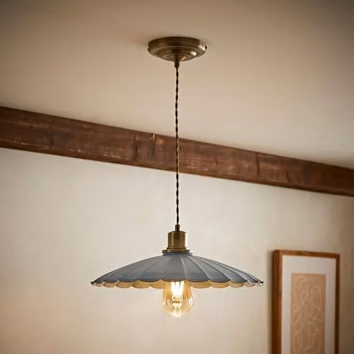 ValueLights Holborn Scallop Pendant Ceiling Light with Bulb, Blue and Grey with Gold/Brass Metal Finish – 2