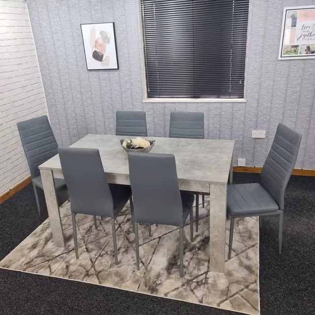 Kosy Koala Modern Rectangular Grey Dining Table and 6 Grey Metal Chairs Set