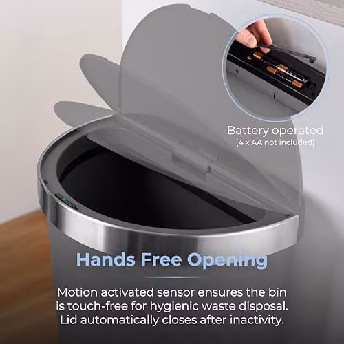 Tower Curved Sensor Bin with Bin Liner Retainer Ring, 50L, Grey with Silver and Black Stainless Steel Trim on Lid – 2