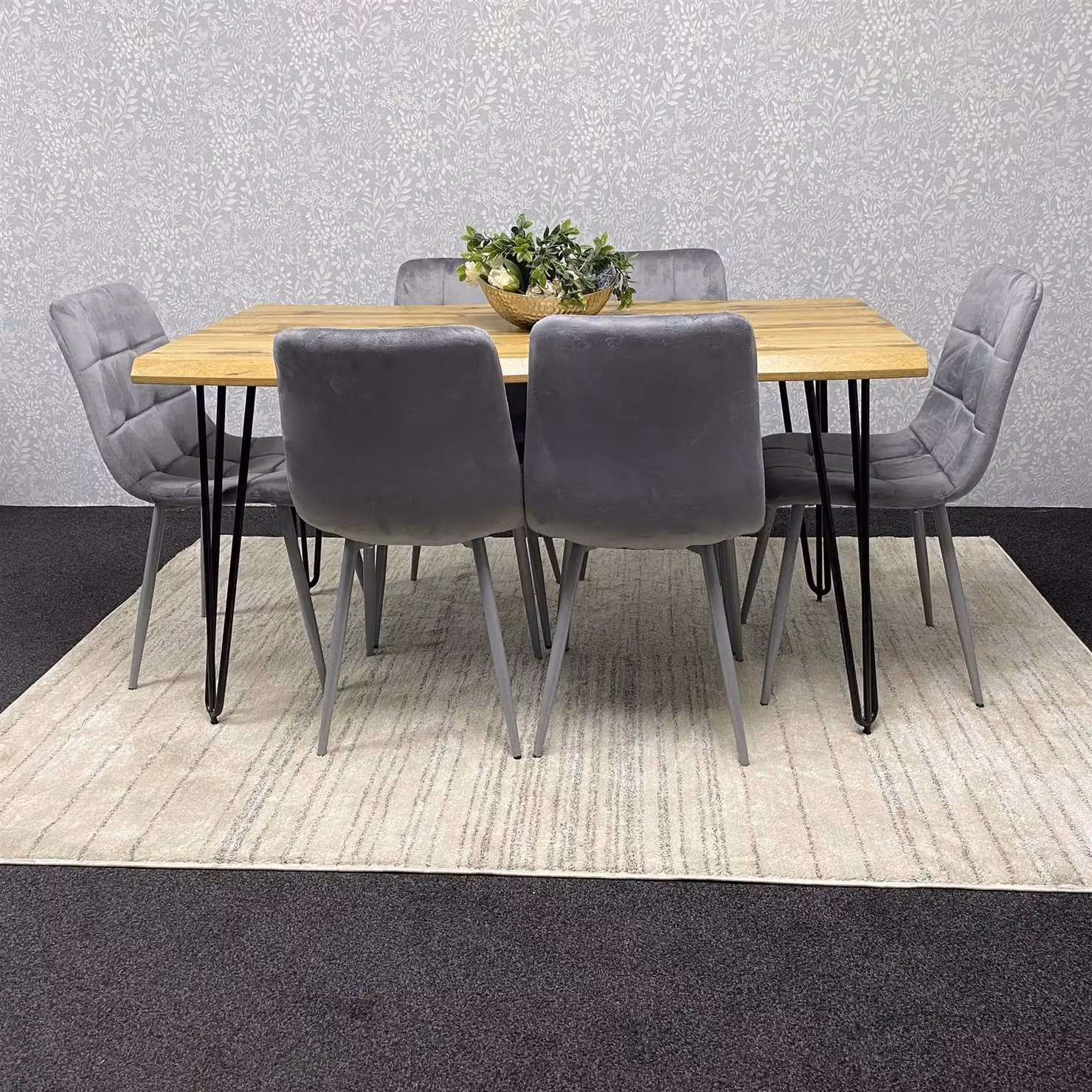 KOSY KOALA Modern Rectangular Dining Table Set with 6 Grey Velvet Chairs in Brown – 2