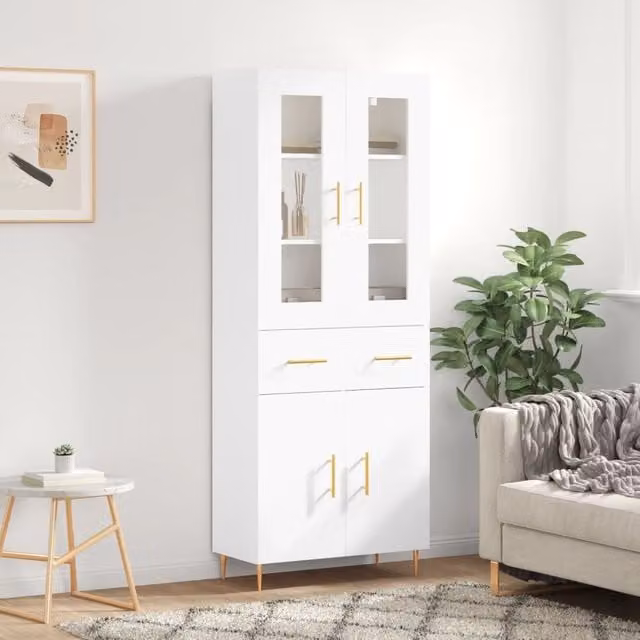 Berkfield Home Modern White Highboard with Glass Doors and Internal Shelves W/D/H: 69.5 x 34 x 180 cm