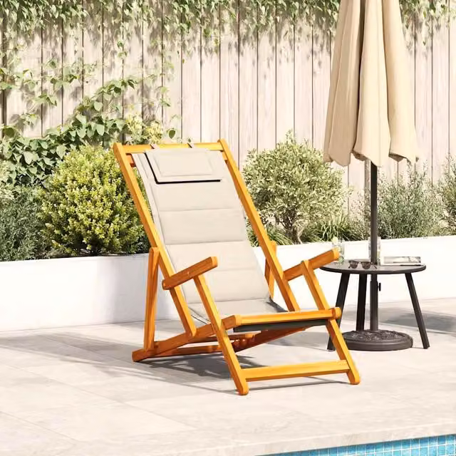 Berkfield Home Folding Beach Chair with Armrests and Adjustable Headrest in Beige Acacia Wood and Textilene