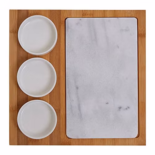 Orsina 5-Piece White Marble and Ceramic Serving Board Set with Bamboo Wood Tray – 2