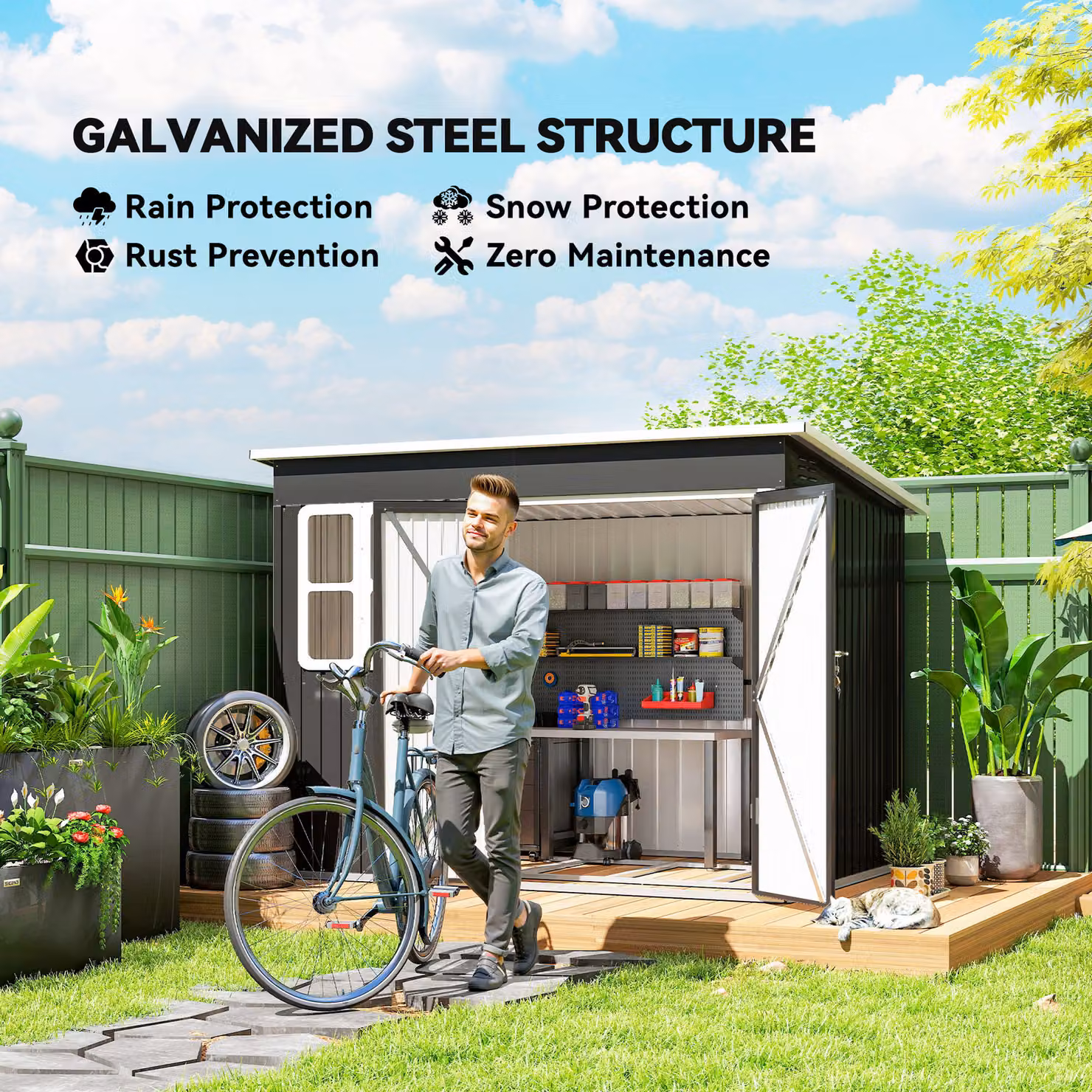 Outsunny Garden Storage Shed with Galvanised Steel Frame, Window and Lockable Double Doors, Dark Grey, W: 260 cm, D: 177 cm, H: 190 cm – 4