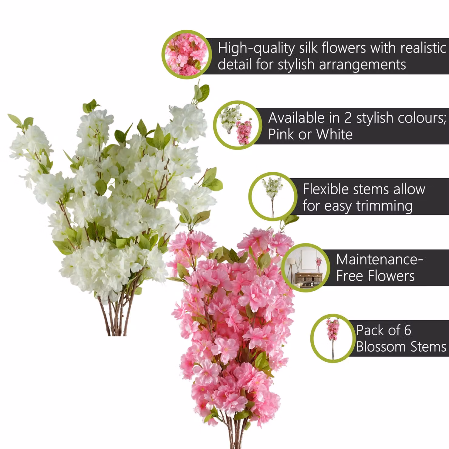 Pegdev Pack of 6 Pink and White Artificial Textile Blossom Stems, 100 cm Height, for Wedding and Tabletop Floral Arrangements – 2