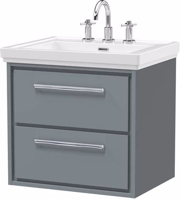 Balterley Modern Wall Hung 2-Drawer Bathroom Vanity Unit with Fireclay Basin, Grey, W: 60 cm