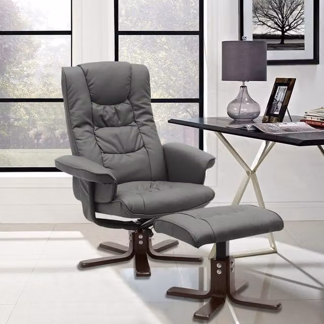 Livingandhome Grey PU Leather Swivel Recliner Chair with Footstool