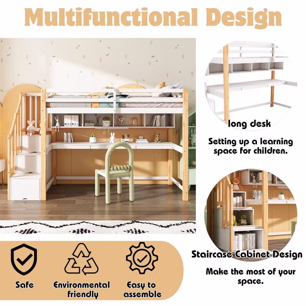 Merax Single Pine High Sleeper Bed with Desk, Storage Stairs and Side Compartments, White, W/D/H: 190 x 90 x 165 cm – 2