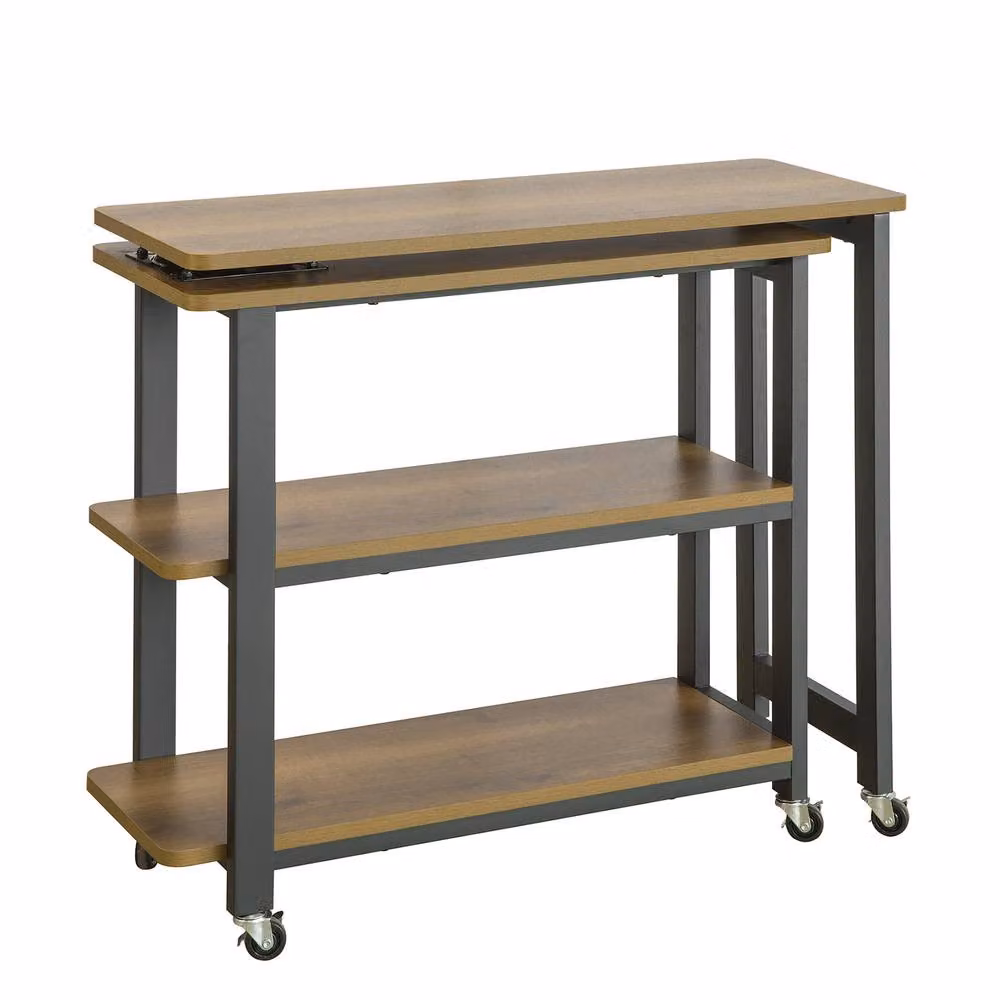 SoBuy Industrial L-Shaped Coffee Table with Castors and Multi-Tier Serving Shelves in Dark Brown – 2