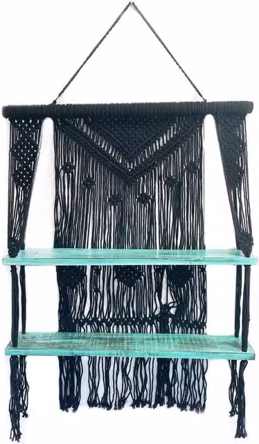 KDMK Black and Turquoise Macrame Hanging Wall Shelf with Wood and Cotton Rustic Decor for your Living Room, Bedroom or Home Office