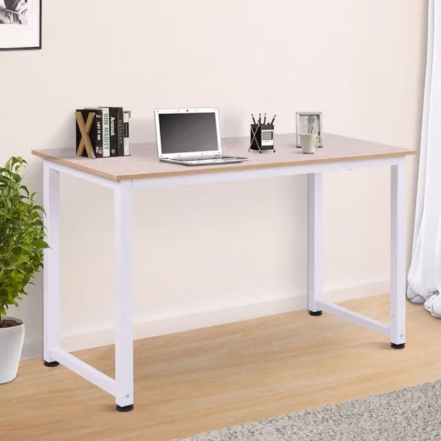 HOMCOM Modern Computer Desk Workstation with Metal Frame in Oak and White