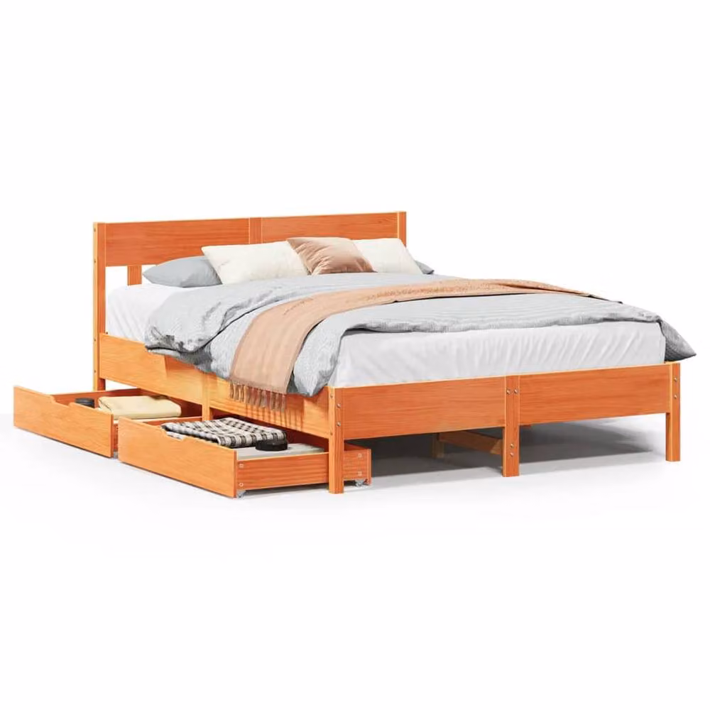 Berkfield Home Wax Brown Solid Wood Pine Bed Frame with Drawers W/D/H: 160 x 200 cm – 2