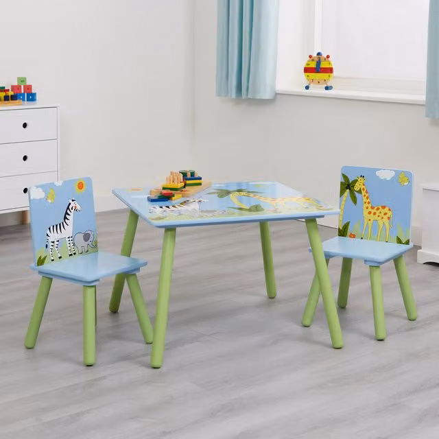 Liberty House Toys Kids Wooden Safari Square Table and 2 Chair Set in Multicolour