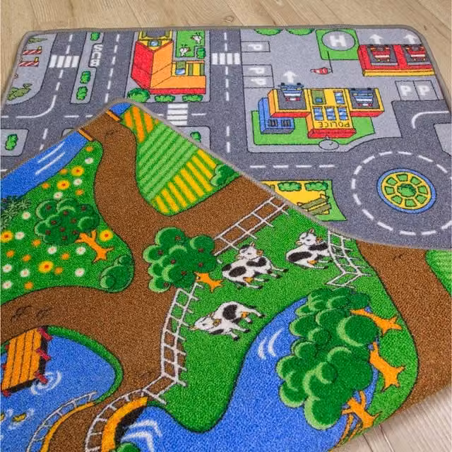 The Rug House Kids Double Sided Roads City Farm Play Mat Rug, Multicolour, W: 150 cm, D: 80 cm