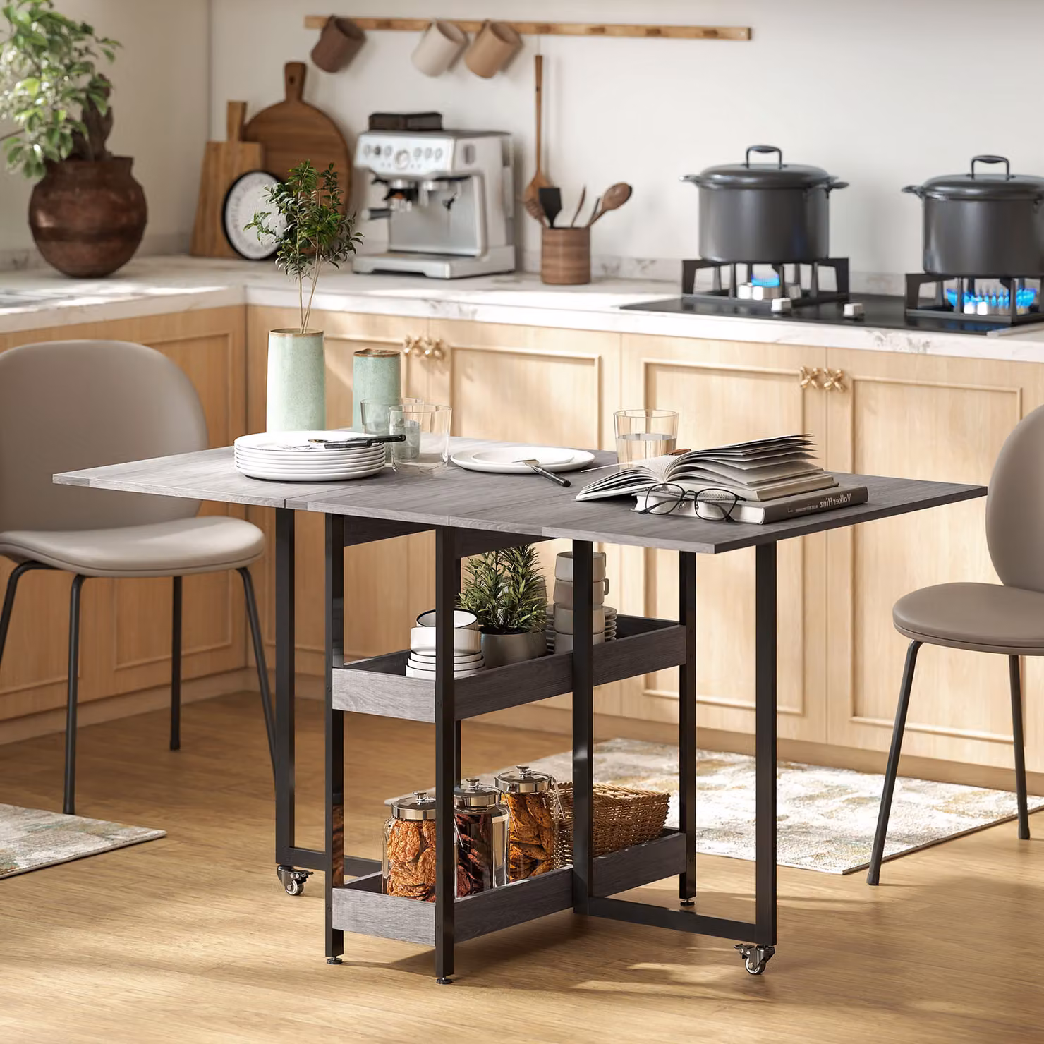HOMCOM Industrial Grey Folding Dining Table with Drop Leaf and Open Compartments – 2