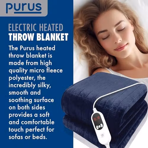 Purus Deluxe Electric Heated Throw Blue Fleece Double Over Sofa Blanket W/D: 160 x 120 cm – 5