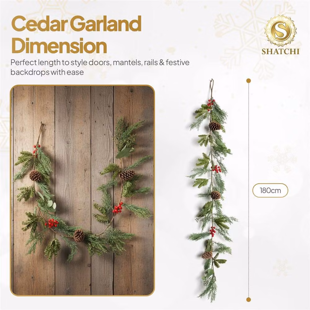Shatchi Christmas Garland with Red Berries and Pinecones in Green and Red, 180 cm – 4