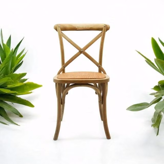 FORGEVIO Farmhouse Cross-Back Dining Chair in Brown Elm Wood with Rattan Seat