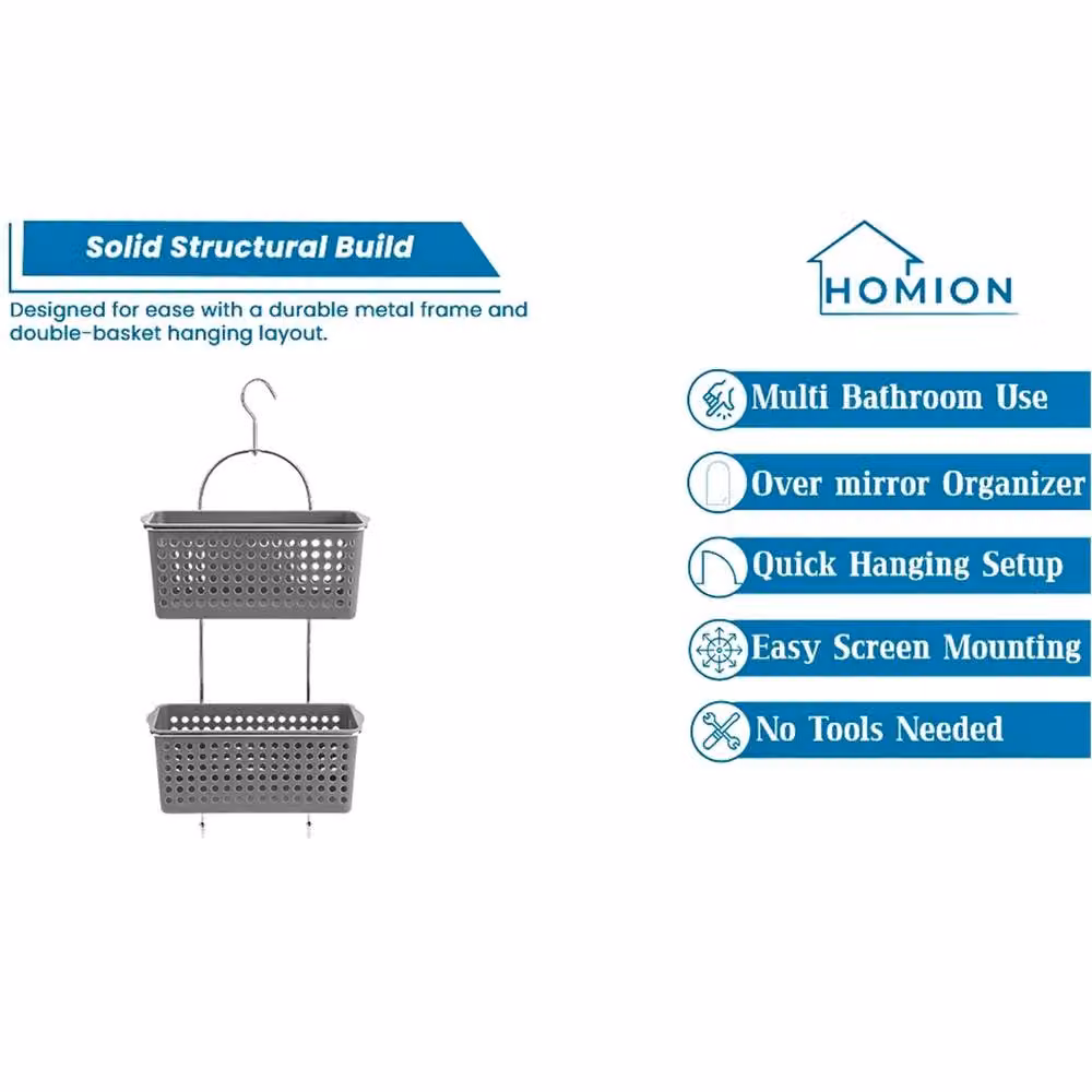 HOMION Grey Metal Frame and Plastic Mesh Hanging Shower Caddy with Hooks – 2