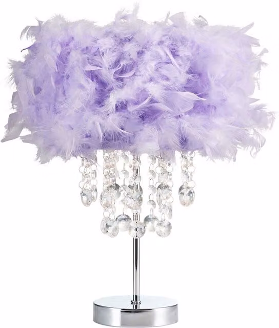 Happy Homewares Modern Feather Table Lamp with Waterfall Acrylic Droplets in Lilac, Height: 43.18 cm