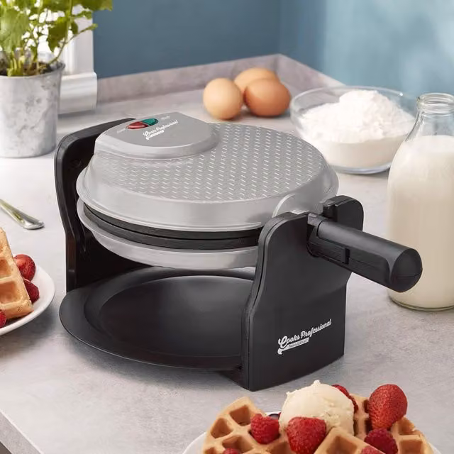 Cooks Professional Rotary Belgian Waffle Maker in Silver with Dishwasher Safe Parts