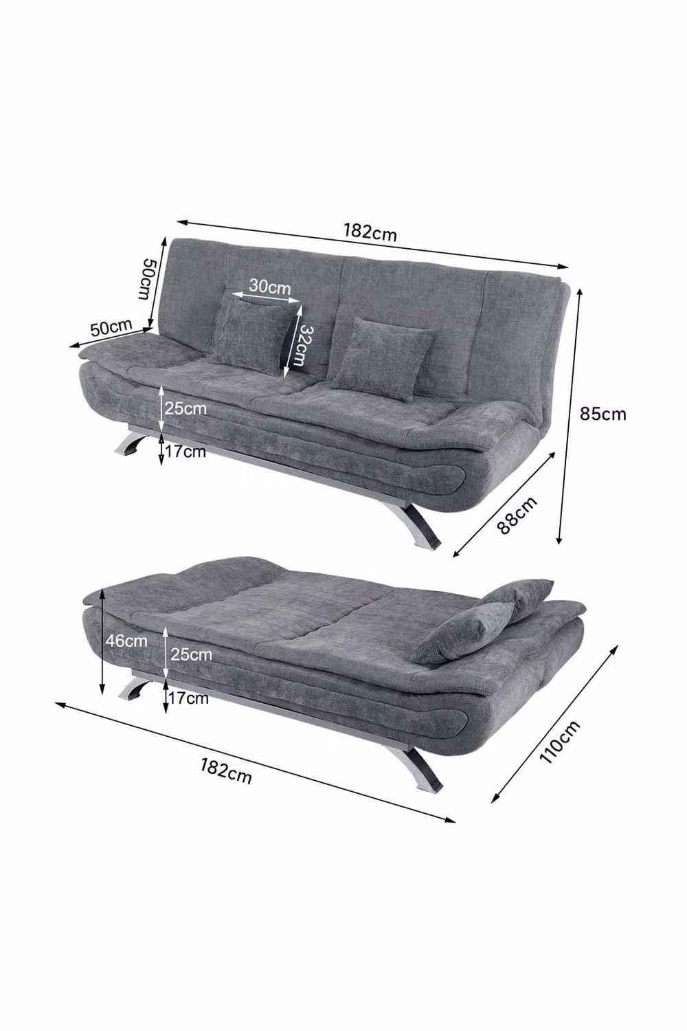Living and Home 2-Seat Convertible Fabric Sofa Bed in Grey with Scatter Cushions – 2