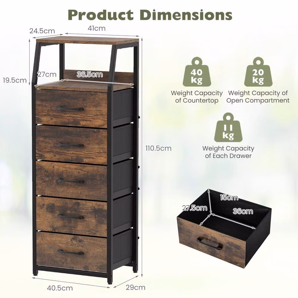 Gymax 5-Drawer Vertical Storage Cabinet and Dresser with Foldable Drawers in Brown – 2
