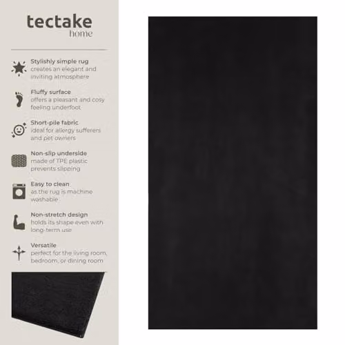 tectake Fluffy Short-Pile Rug in Black, Allergy-Friendly, Washable and Non-Slip, W: 80 cm, D: 150 cm – 2
