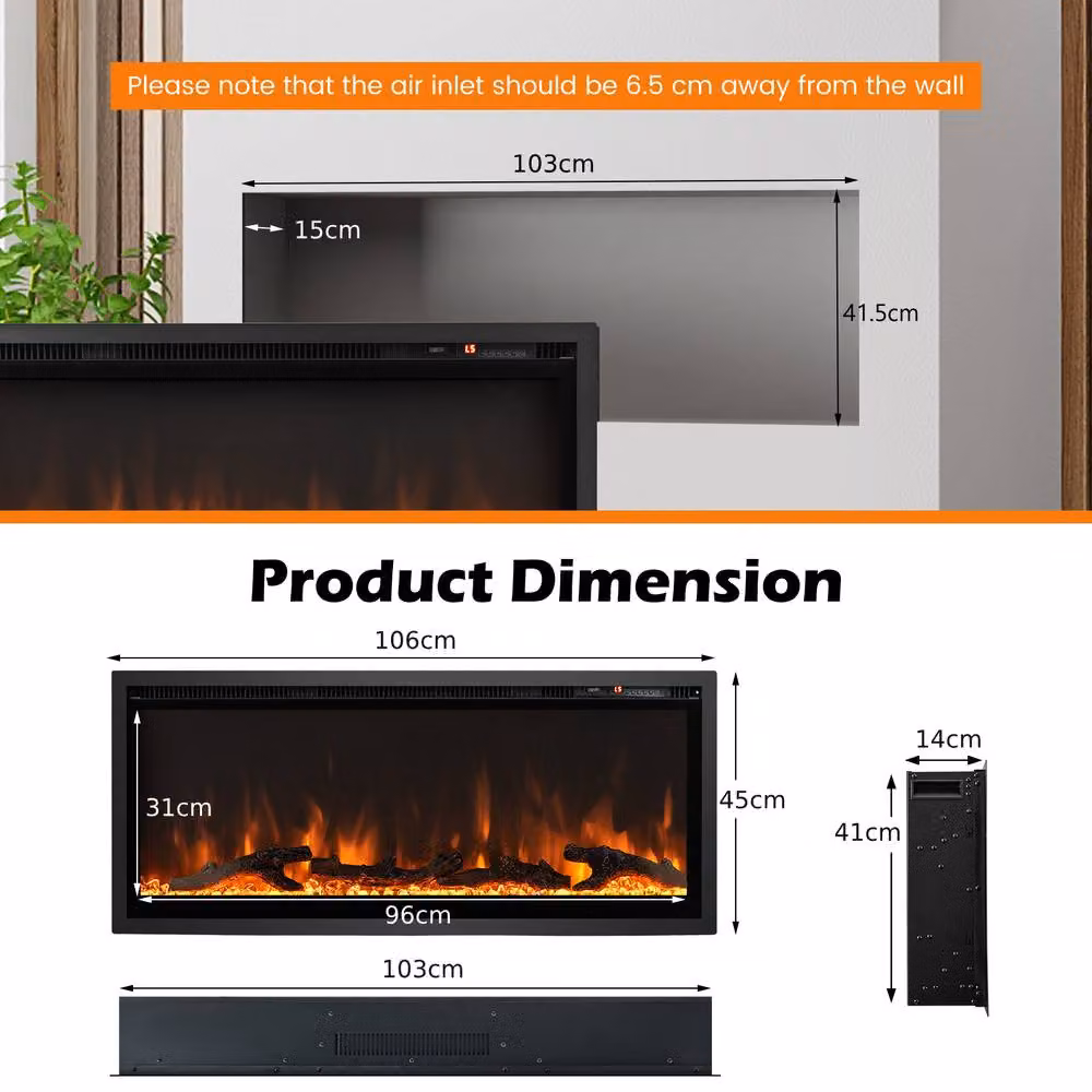 Gymax 42 Inch Electric Linear Fireplace Insert with Remote Control in Black – 9