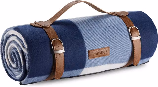 VonShef Checked Picnic Blanket in Blue with Waterproof Underside and Carry Handle, 180 cm