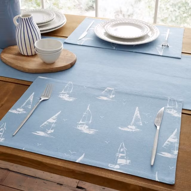 Catherine Lansfield Salcombe Boats Cotton Dining Placemats, 4 Pack, Blue and White, W: 46 cm, D: 30 cm – 1