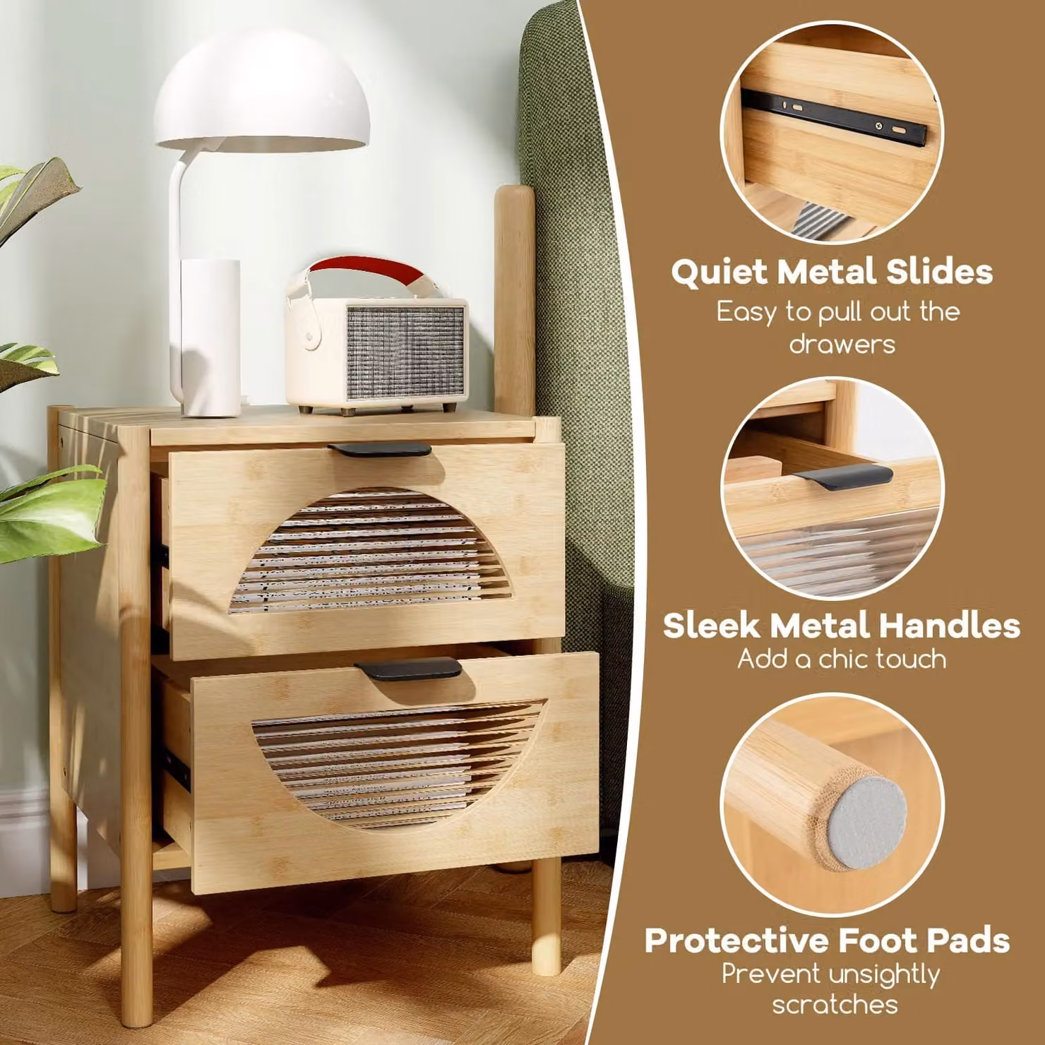 Gymax Mid-century Bedside Table with 2 Glass Front Drawers in Natural Brown – 4