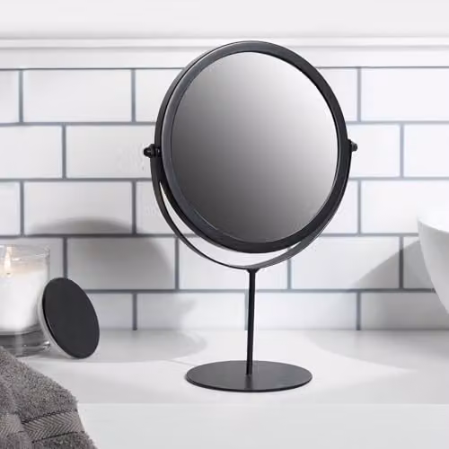OHS Round Stainless Steel Vanity Mirror in Black and Silver with Tabletop Stand – 1