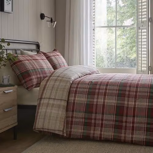 Dreams & Drapes Bennet Check Red Flannelette Cotton Duvet Cover and Pillowcase Set
