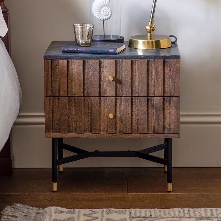 Atkin & Thyme Berkeley Marble Bedside Drawers in Black and Brown Acacia Wood