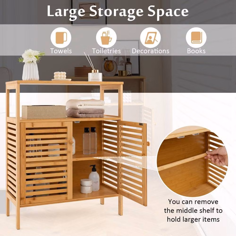 CASART Freestanding Bamboo Bathroom Storage Cabinet with Hinged Doors and Internal Shelves in Brown – 4