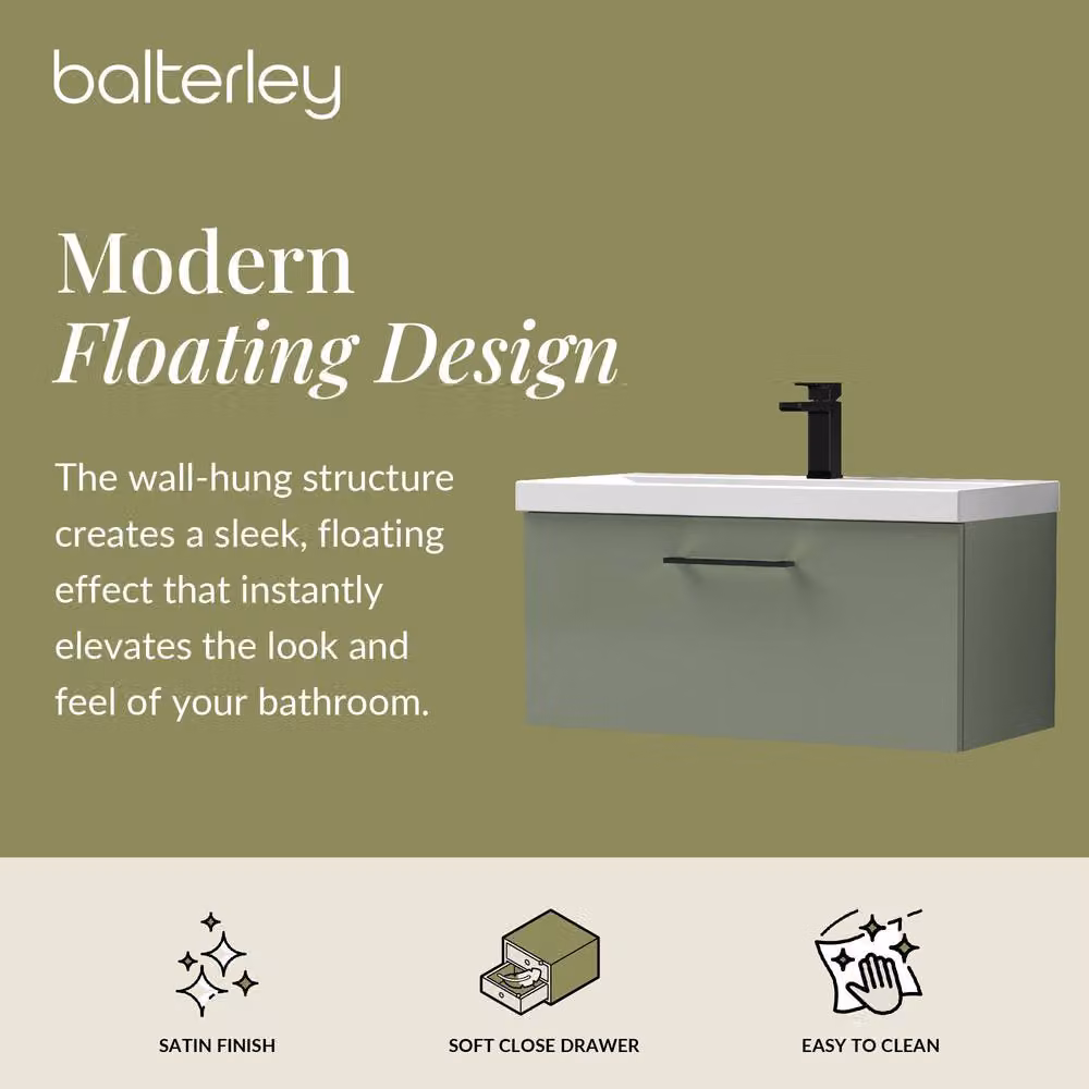 Balterley 800mm Wall Hung 1 Drawer Vanity Basin Unit in Satin Green with Black Handle – 2