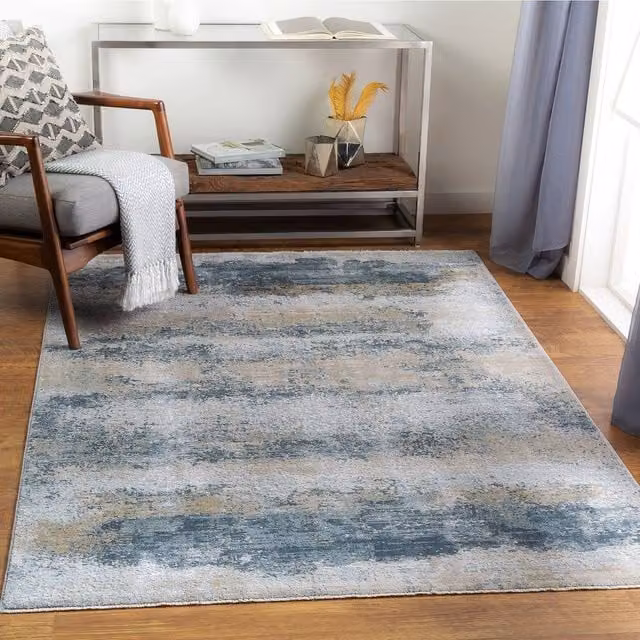 Livabliss Brunswick Modern Abstract Marble Living Room Rug in Blue, Beige and Grey with Fringes, W/L: 150 x 230 cm – 1