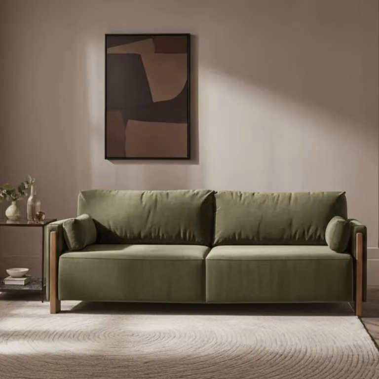 Atkin and Thyme Audrey 3 Seat Mid-Century Sofa in Green Velvet with Exposed Solid Wood Frame