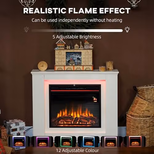 HOMCOM White Inset Electric Fireplace with Mantel and Realistic Flame Effect, 1000W/2000W – 3