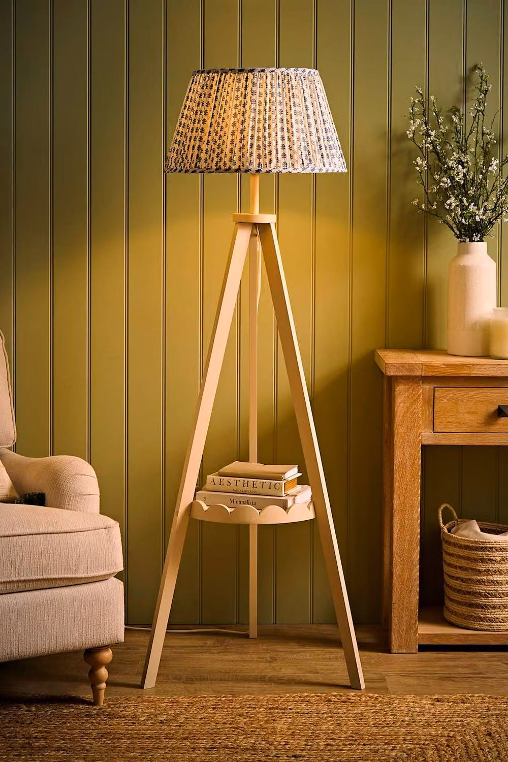 ValueLights Morrigan Cream Wood Tripod Floor Lamp with Blue Ditsy Floral Fabric Shade and Bulb – 2