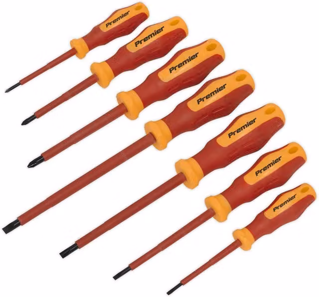 Loops 7 Pack VDE Screwdriver Set with 1000V AC Shock Proof Insulated Steel Shafts and Red Multicolour Comfort Grips