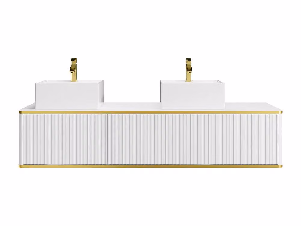 Vente-unique Suspended Grooved Bathroom Cabinet with 2 Drawers and Gold Trim in White – 2