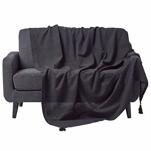 Homescapes Rajput Ribbed Cotton Throw in Black with Fringes – 1