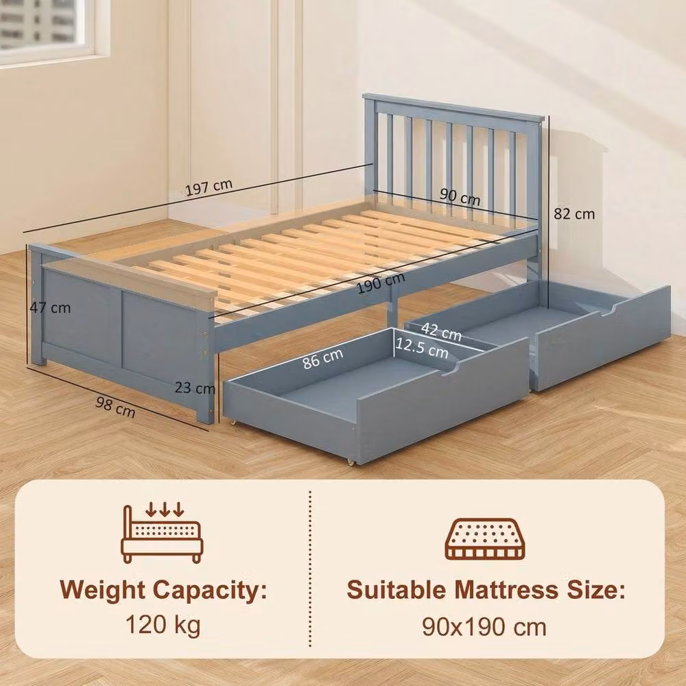 FORGEVIO Modern Storage Bed with 2 Drawers in Blue, W/D/H: 90 x 190 cm – 2