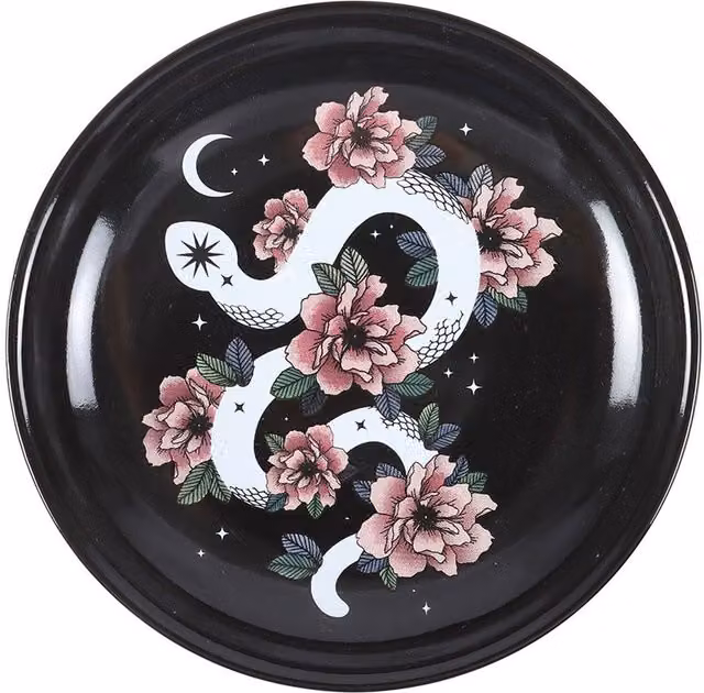 Kingsbury Gifts Ceramic Snake and Floral Trinket Dish, White, Pink and Black, Diameter: 10.5 cm
