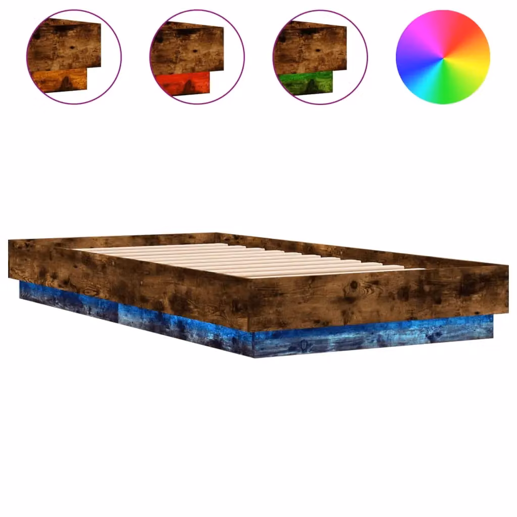 Berkfield Home Small Single Bed Frame in Smoked Oak Brown with LED Lights and USB Charging Port, W/D/H: 75 x 190 cm – 2