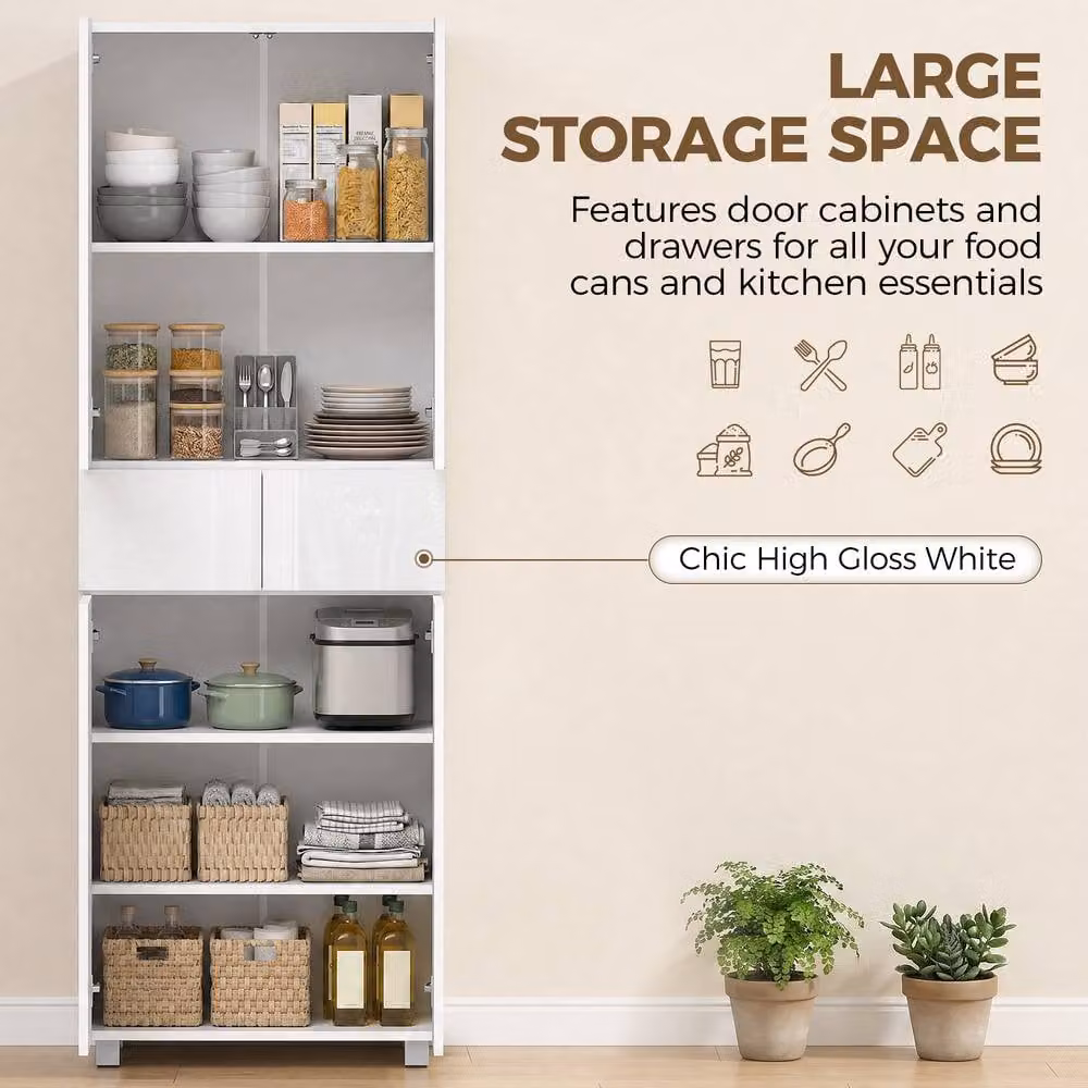 HOMCOM Modern Glossy White 4 Door Freestanding Kitchen Storage Cabinet with Internal Shelves – 3